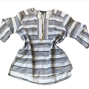 Ellen Tracy Striped Linen Tunic Top 1/2 Zip Tassel Blue & White Sz L #43N